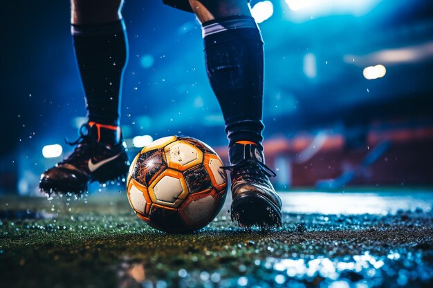 Foto velocidad del jugador de fútbol correr para controlar y disparar la pelota a la meta en césped artificial entrenamiento del jugador de futbol