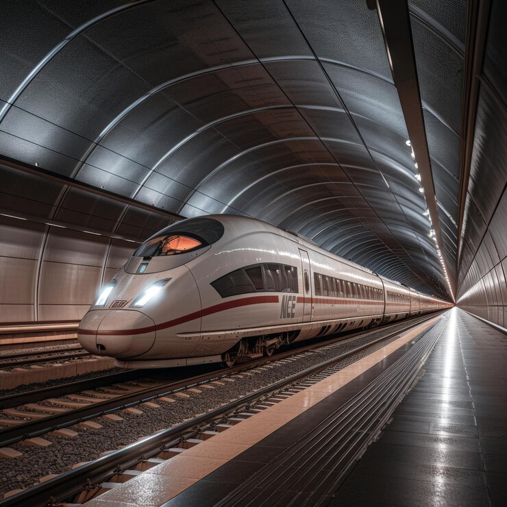 La velocidad del tren de alta velocidad de plata a través del túnel Rembrandt Lighting Electrical
