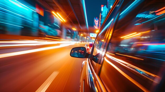 Foto velocidad urbana vibrante una vista dinámica desde un coche en movimiento por la noche capturando la esencia de la vida de la ciudad rápido ritmo de ia