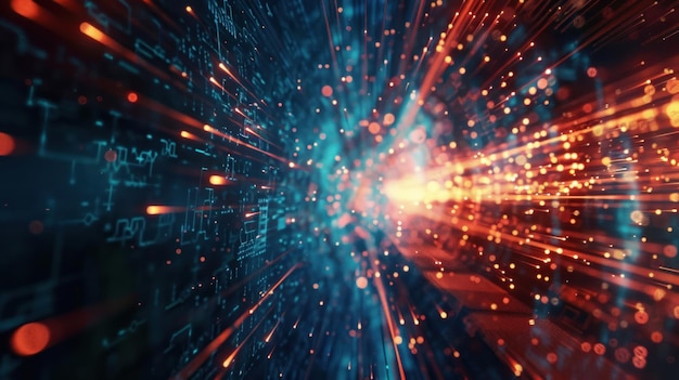 Velocidade de Dados Explosiva em Rede de Fibra Óptica Uma visualização de velocidade de dados explosiva com linhas digitais ardentes correndo através de uma rede de fibra óptica representando rápida transferência de dados