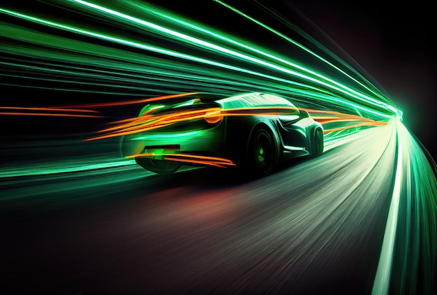 Velocidade do carro com trilha de luz embaçada no fundo escuro Conceito de transporte e tecnologia Generative AI