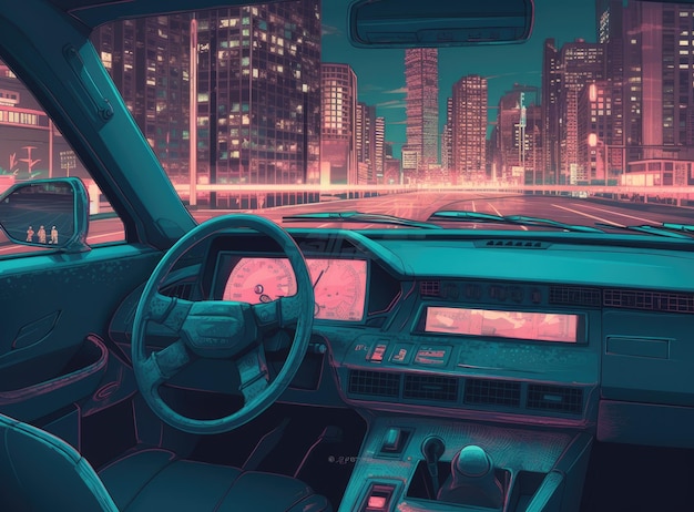 Velocidade do carro na estrada na cidade noturna Luzes neon noir de ondas retrô tonificação de cores