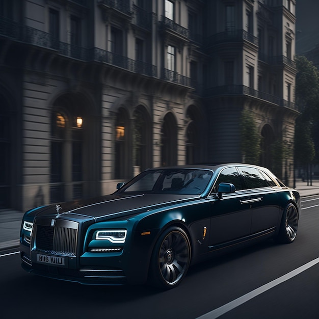 Las velocidades de los coches de lujo por el edificio moderno al anochecer generativo Rolls Royce