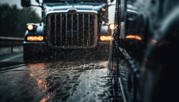 Velocidades de semi-caminhão através do tráfego noturno úmido gerado por IA