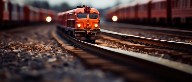 Velocidades de trem de brinquedo através de trilhas de paisagem montanhosa detalhadas em close-up capturando movimento e viagem