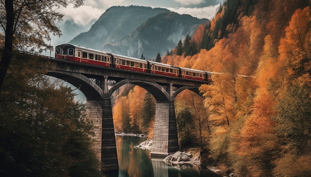 Velocidades do trem a vapor sobre a ponte do viaduto de outono geradas por IA