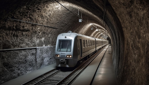 Velocidades del tren subterráneo a través del túnel de tren iluminado generado por IA