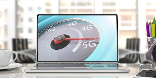 Velocímetro de conexión de red de alta velocidad 5G en una pantalla de computadora portátil desenfoque de fondo de oficina de negocios ilustración 3d