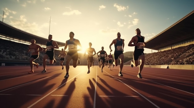 los velocistas hombres corren en el estadio de la pista en la competencia de atletismo