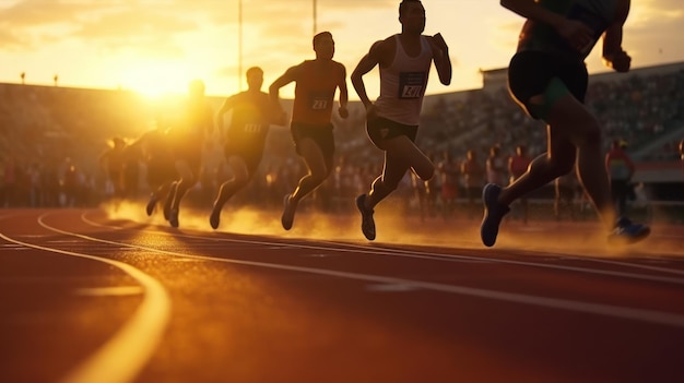 los velocistas masculinos corren en el estadio de la pista en la competencia de atletismo las atletas femeninas corren
