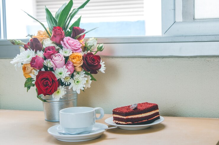 Veludo vermelho e café com buquê rosa