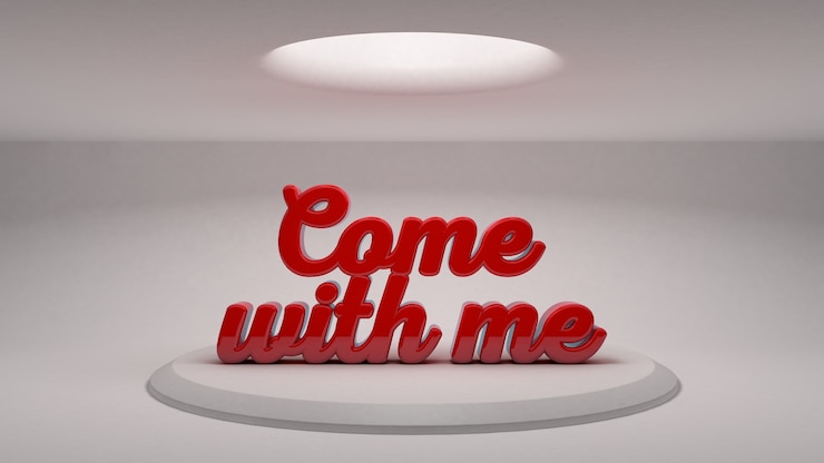 Foto ven conmigo hecho de grandes letras rojas 3d. representación 3d.
