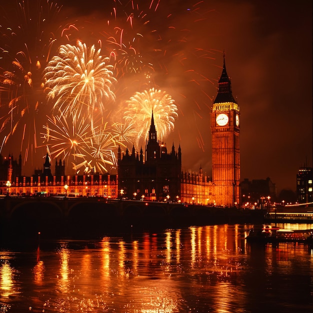 Se ven fuegos artificiales sobre el río y el edificio del parlamento.