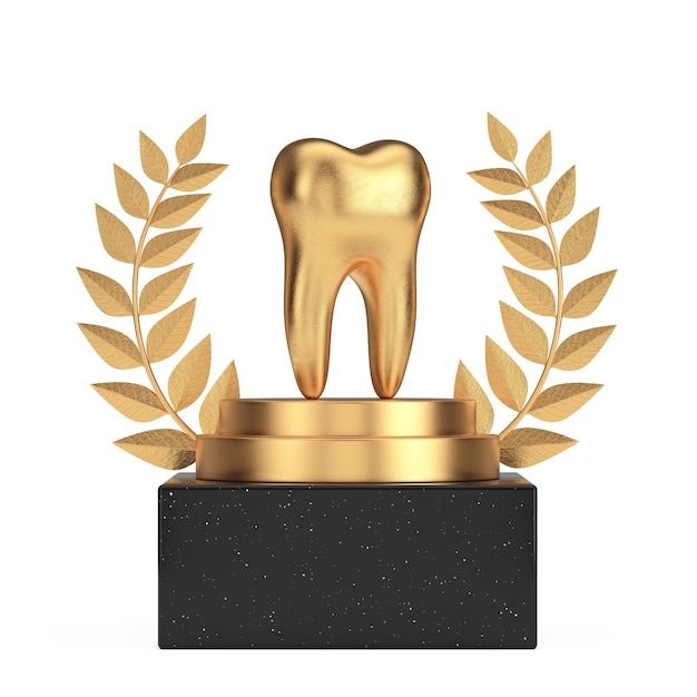 Vencedor Award Cube Gold Laurel Wreath Podium Stage ou Pedestal com Golden Tooth 3d Rendering