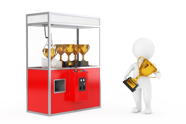 Vencedor com o prêmio Golden Trophy perto da Carnival Red Toy Claw Crane Arcade Machine com Golden Trophy em um fundo branco. Renderização 3D