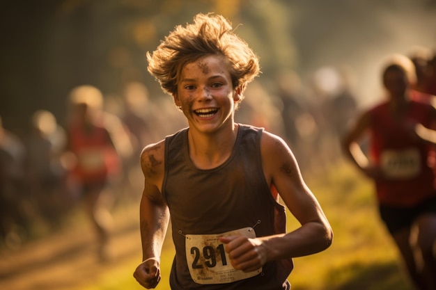 Foto vencedor da competição de corrida de trilha uma rota cheia de coroas