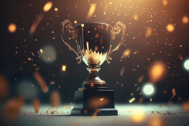 Vencedor da copa do troféu campeão de ouro em desfoque bokeh luzes escuras de fundo arte gerada por IA