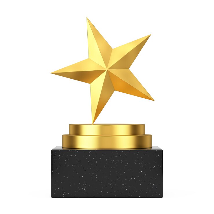 Foto vencedor do prêmio cubo ouro pódio, palco ou pedestal com estrela do prêmio de ouro em um fundo branco. renderização 3d
