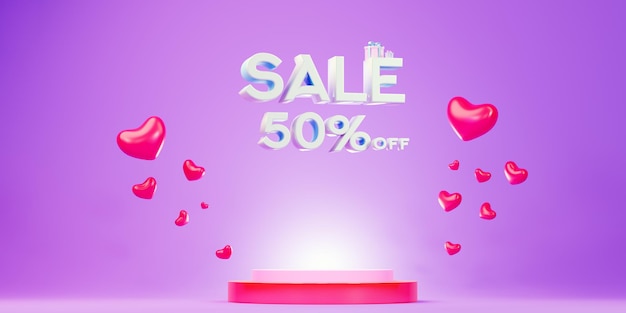 Venda 50 de banner de publicidade cartaz de venda com corações e pódio 3d banner para o dia dos namorados