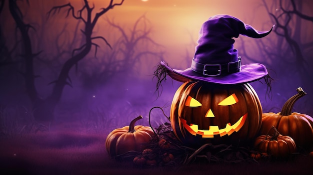 venda de fundo halloween abóbora em um chapéu grande lua violeta