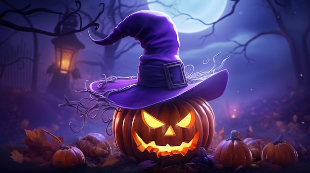 venda de fundo halloween abóbora em um chapéu grande lua violeta