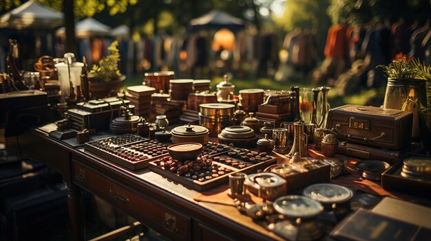 Venda de garagem Mercado de segunda mão Bens usados em exposição em um mercado de pulgas da tarde em Greensward