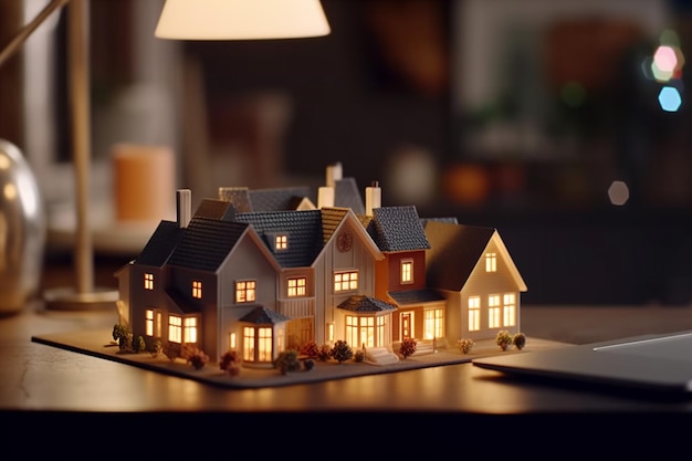 Venda de imóveis com uma casa em miniatura apresentada em uma mesa gerada por IA