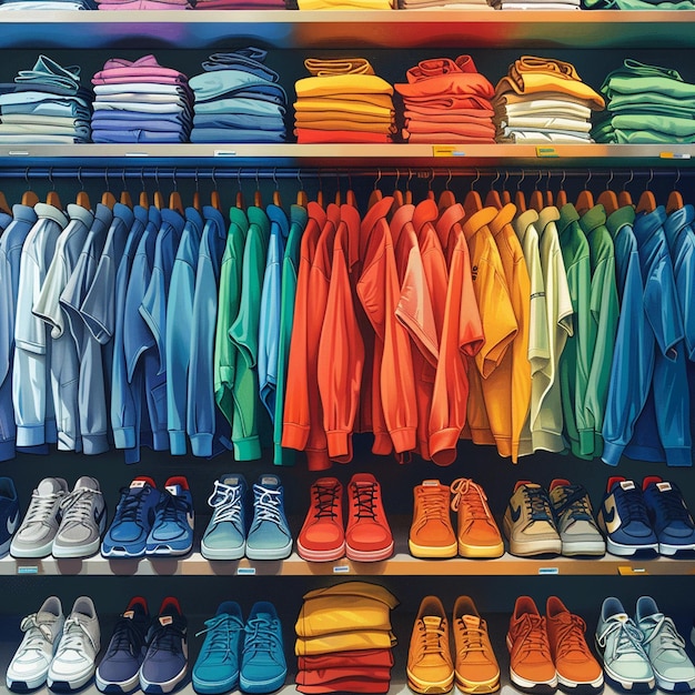 Venda de roupas de fundo em hangar na loja Roupas multicoloridas nas prateleiras