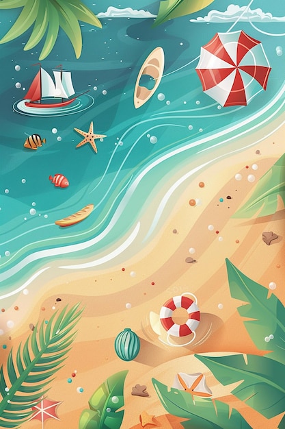 Venda de verão em praia de areia cartaz coleções de design de férias ilustração vetorial de fundo