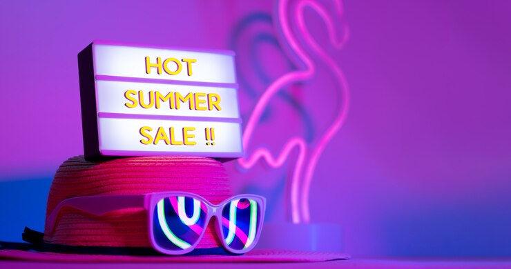 Foto venda quente de verão em caixa de luz no chapéu com óculos de sol neon rosa e azul e verde luz na mesa