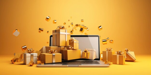 Vendas de compras de Cyber Monday fundo conceitual com caixas de presentes e laptop generative ai