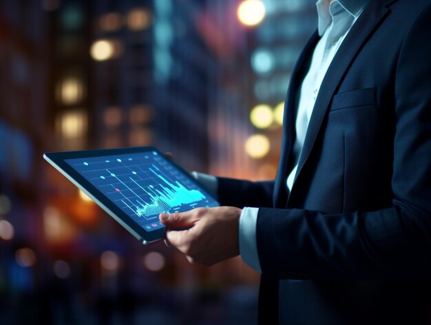 Foto vendas de dados analíticos de empresários usando imagem de exibição de tablet ai imagem gerada