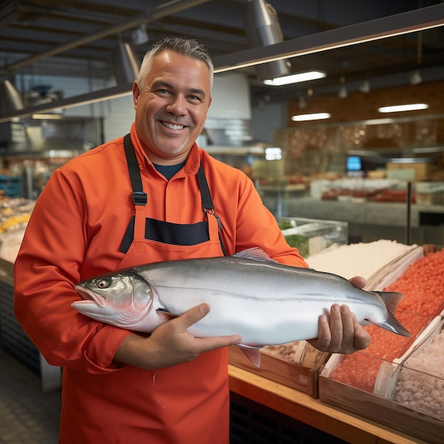 El vendedor alegre tiene peces grandes en el mercado El concepto de compras del mercado El diseño de publicidad del espacio de copia