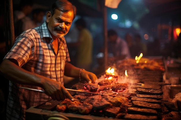 Vendedor ambulante asando deliciosos kebabs