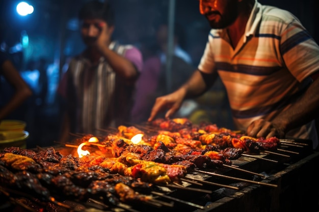 Vendedor ambulante asando deliciosos kebabs