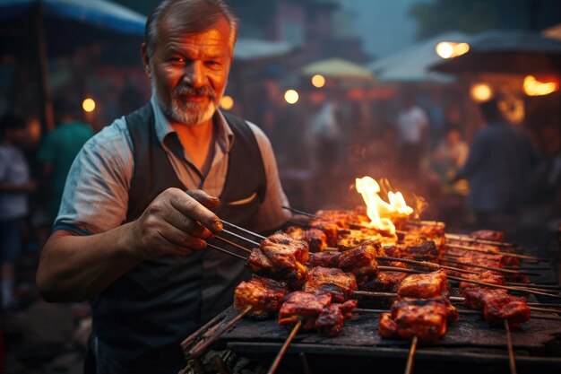 Vendedor ambulante asando deliciosos kebabs