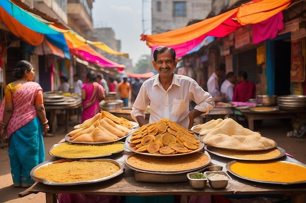 Foto vendedor ambulante com uma variedade colorida de chaats e dosas ar c