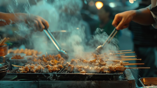 Un vendedor ambulante de comida hornea pinzas de carne sobre una parrilla caliente la carne está chisporroteando y el humo se está elevando