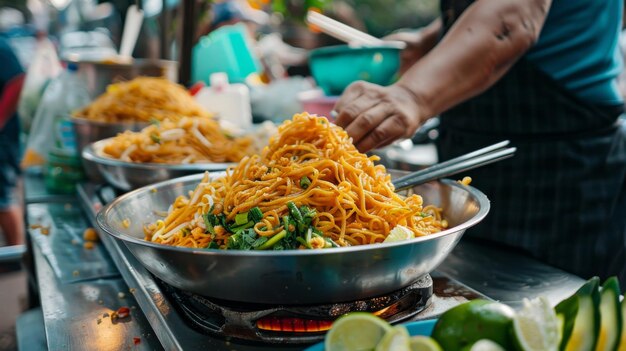 Un vendedor ambulante de comida que sirve cuencos de deliciosos fideos Khao Soi con fideos crujientes y acompañados de verduras encurtidas y cuñas de lima