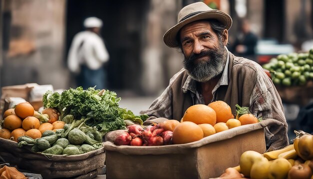 Vendedor ambulante de vegetais e frutas Um homem latino idoso com barba Foco seletivo