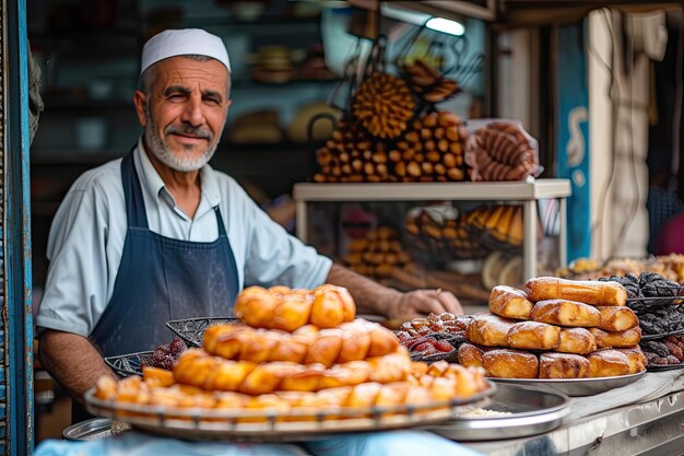 Un vendedor ambulante que vende comida tradicional del Ramadán como dátiles y Kunafa
