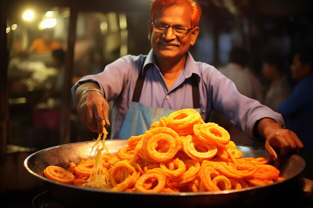 Vendedor ambulante servindo jalebi recém-feito