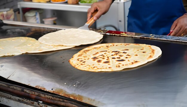 Un vendedor callejero de comida volviendo con habilidad los parathas