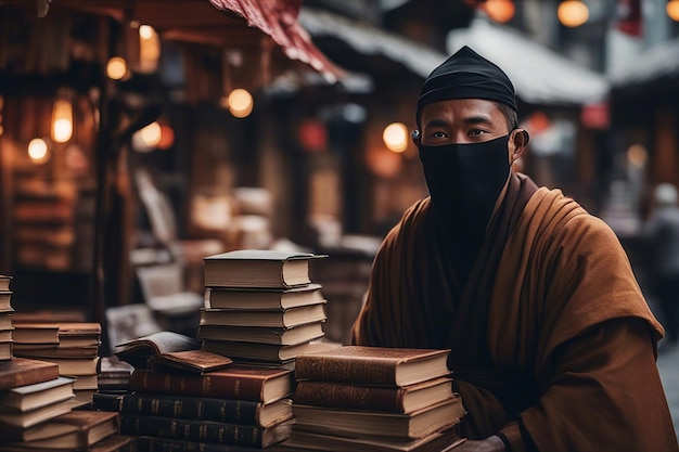 Vendedor callejero de libros Un monje en una máscara vende libros viejos en un mercado callejero Hombre religioso generado por la IA