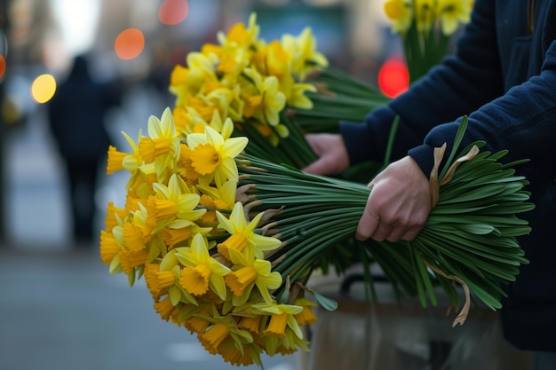 Vendedor callejero vendiendo racimos de narcisos en la acera de la ciudad