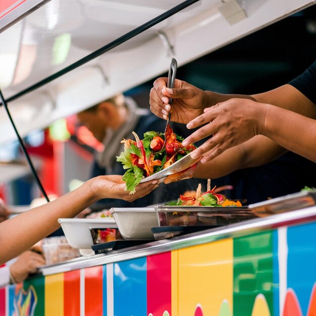 Foto vendedor de camiones de comida con estación de preparación de alimentos