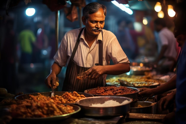Vendedor de chaat en un bullicioso mercado que sirve una cola que ejemplifica la rica cultura gastronómica de la India