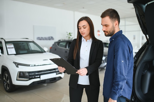 Foto un vendedor de coches sonriente de pie en el salón de automóviles con el cliente y mostrando los coches en venta