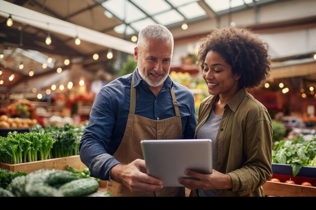 vendedor de comestibles y cliente que utiliza tableta en el mercado