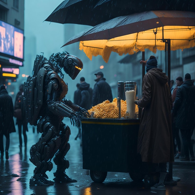 Un vendedor de comida callejera vendiendo palomitas de maíz a un robot en una ciudad lluviosa al estilo cyberpunk